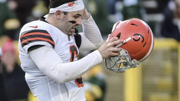 Dec 25, 2021; Green Bay, Wisconsin, USA; Cleveland Browns quarterback Baker Mayfield (6) warms up before game against the Green Bay Packers at Lambeau Field. Mandatory Credit: Benny Sieu-USA TODAY Sports
