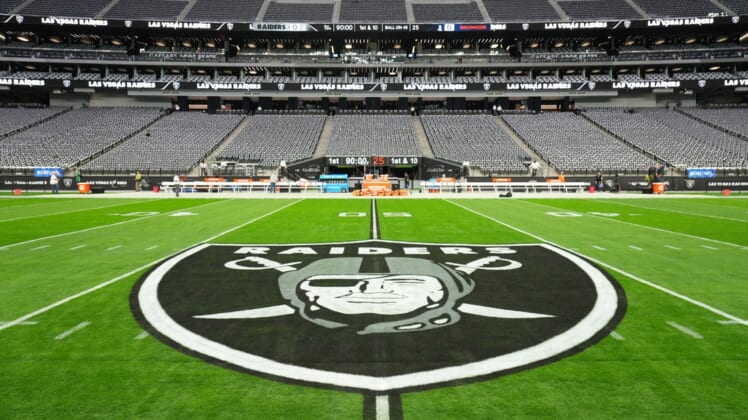 Dec 26, 2021; Paradise, Nevada, USA; A detailed view of the Las Vegas Raiders shield logo at midfield at Allegiant Stadium. Mandatory Credit: Kirby Lee-USA TODAY Sports