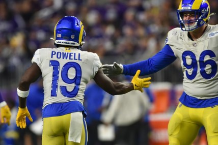 Dec 26, 2021; Minneapolis, Minnesota, USA; Los Angeles Rams wide receiver Brandon Powell (19) reacts with defensive end Mike Hoecht (96) against the Minnesota Vikings during the third quarter at U.S. Bank Stadium. Mandatory Credit: Jeffrey Becker-USA TODAY Sports