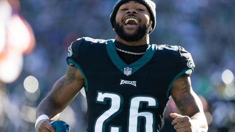 Dec 26, 2021; Philadelphia, Pennsylvania, USA; Philadelphia Eagles running back Miles Sanders (26) reacts as he takes the field before a game against the New York Giants at Lincoln Financial Field. Mandatory Credit: Bill Streicher-USA TODAY Sports