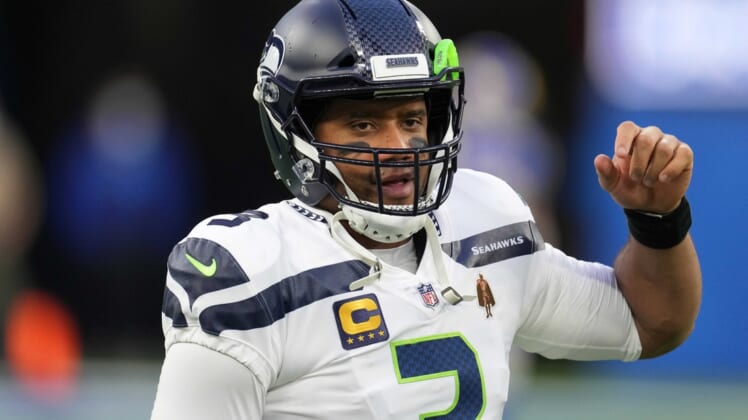 Dec 21, 2021; Inglewood, California, USA; Seattle Seahawks quarterback Russell Wilson (3) reacts during the game against the Los Angeles Rams at SoFi Stadium. The Rams defeated the Seahawks 20-10. Mandatory Credit: Kirby Lee-USA TODAY Sports
