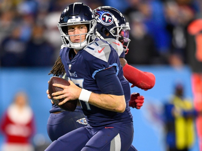 Dec 23, 2021; Nashville, Tennessee, USA;  Tennessee Titans quarterback Ryan Tannehill (17) against the San Francisco 49ers during the second half at Nissan Stadium. Mandatory Credit: Steve Roberts-USA TODAY Sports
