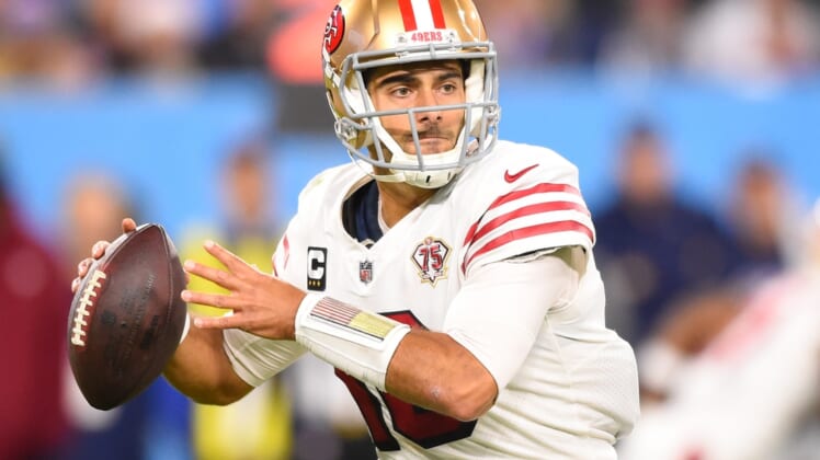 Dec 23, 2021; Nashville, Tennessee, USA;  San Francisco 49ers quarterback Jimmy Garoppolo (10) during the first half against the Tennessee Titans at Nissan Stadium. Mandatory Credit: Steve Roberts-USA TODAY Sports
