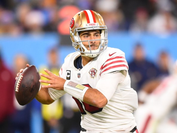Dec 23, 2021; Nashville, Tennessee, USA;  San Francisco 49ers quarterback Jimmy Garoppolo (10) during the first half against the Tennessee Titans at Nissan Stadium. Mandatory Credit: Steve Roberts-USA TODAY Sports