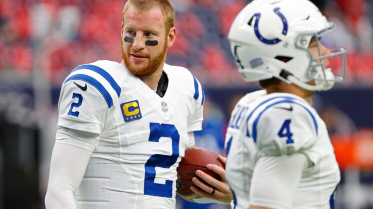 Indianapolis Colts quarterback Carson Wentz (2) warms up on the field before facing the Texans on Sunday, Dec. 5, 2021, at NRG Stadium in Houston.Indianapolis Colts Versus Houston Texans On Sunday Dec 5 2021 At Nrg Stadium In Houston Texas