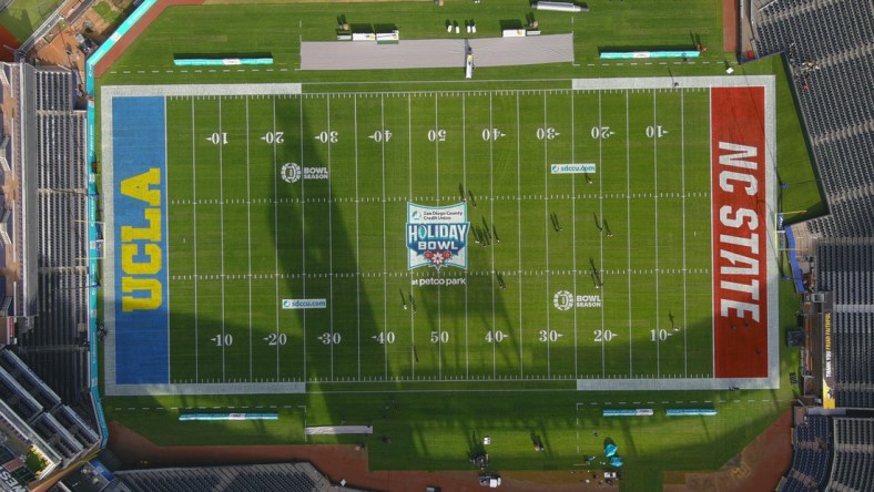 Dec 28, 2021; San Diego, CA, USA; A general overall aerial view of the football field at Petco Park prior to the Holiday Bowl between the NC State Wolfpack and the UCLA Bruins. The game was cancelled because of  COVID-19 protocols within the UCLA program. Mandatory Credit: Kirby Lee-USA TODAY Sports