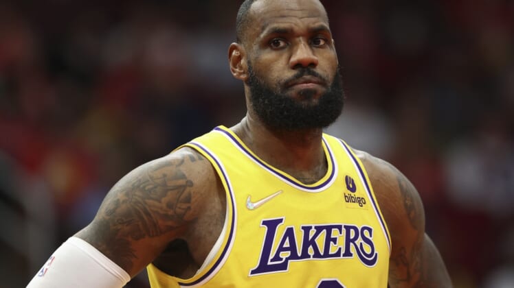 Dec 28, 2021; Houston, Texas, USA; Los Angeles Lakers forward LeBron James (6) reacts after a play during the second quarter against the Houston Rockets at Toyota Center. Mandatory Credit: Troy Taormina-USA TODAY Sports