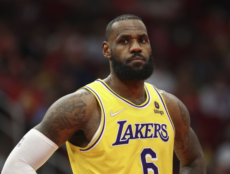 Dec 28, 2021; Houston, Texas, USA; Los Angeles Lakers forward LeBron James (6) reacts after a play during the second quarter against the Houston Rockets at Toyota Center. Mandatory Credit: Troy Taormina-USA TODAY Sports