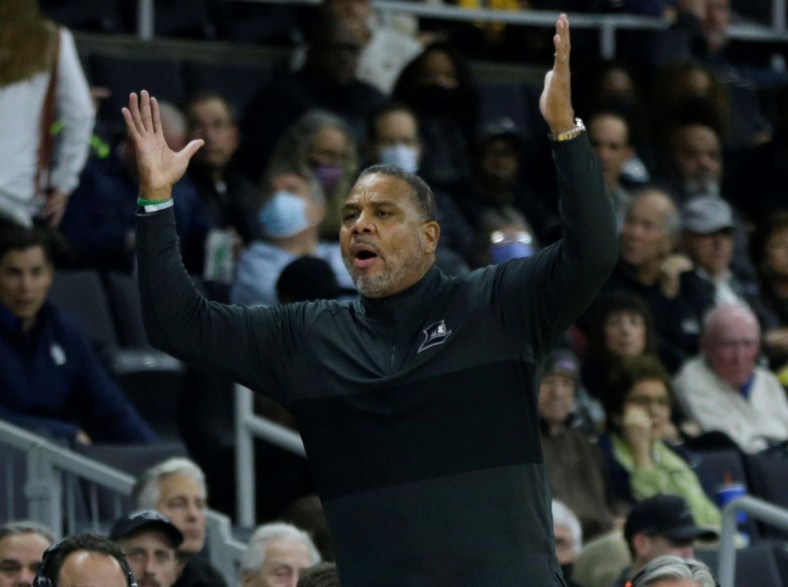 Coach Ed Cooley questions a call from the sidelines in the first half.  The Providence College Friars host the Fairfield University Stags in their season opener at the Dunkin Donuts Center in Providence on Nov 9, 2021.  [The Providence Journal / Kris Craig]   ORG XMIT: 00042289A

Cooley

Syndication The Providence Journal
