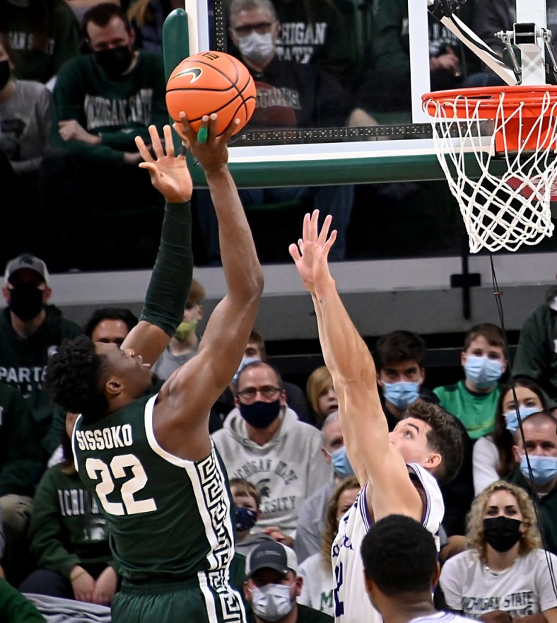 Dec 29, 2021; East Lansing, Michigan, USA; Michigan State Spartans center Mady Sissoko (22) shoots the ball in the first half against the High Point Panthers at Jack Breslin Student Events Center. Mandatory Credit: Dale Young-USA TODAY Sports