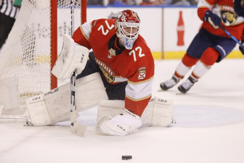 Dec 29, 2021; Sunrise, Florida, USA; Florida Panthers goaltender Sergei Bobrovsky (72) watches the puck during the second period of the game against the New York Rangers at FLA Live Arena. Mandatory Credit: Sam Navarro-USA TODAY Sports