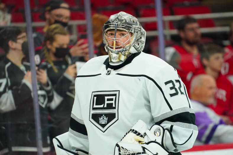 Dec 18, 2021; Raleigh, North Carolina, USA;  Los Angeles Kings goaltender Jonathan Quick (32) looks on against the Carolina Hurricanes before the game at PNC Arena. Mandatory Credit: James Guillory-USA TODAY Sports
