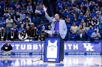 Dec 31, 2021; Lexington, Kentucky, USA; High Point Panthers head coach and former Kentucky Wildcats head coach Tubby Smith has his jersey retired before the game against the Kentucky Wildcats at Rupp Arena at Central Bank Center. Mandatory Credit: Jordan Prather-USA TODAY Sports