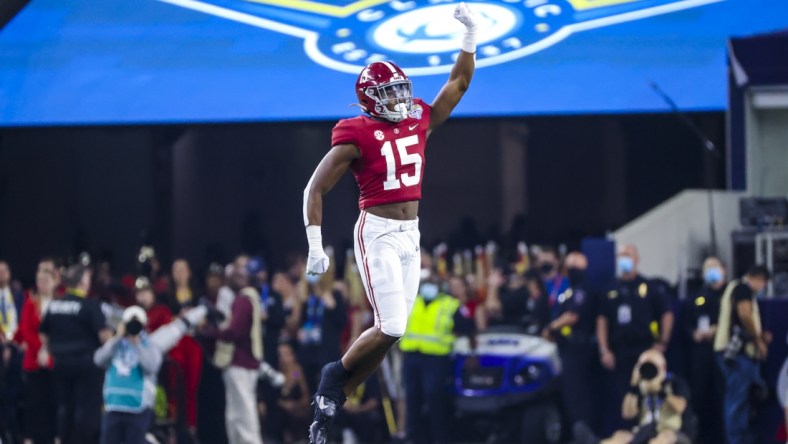 Dec 31, 2021; Arlington, Texas, USA; Alabama Crimson Tide linebacker Dallas Turner (15) reacts during the first half against the Cincinnati Bearcats in the 2021 Cotton Bowl college football CFP national semifinal game at AT&T Stadium. Mandatory Credit: Kevin Jairaj-USA TODAY Sports