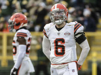 Nov 28, 2021; Baltimore, Maryland, USA;   Cleveland Browns quarterback Baker Mayfield (6) walks on to the field during the game against the Baltimore Ravens at M&T Bank Stadium. Mandatory Credit: Tommy Gilligan-USA TODAY Sports