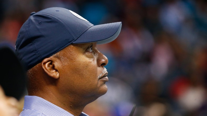 Feb 25, 2018; Charlotte, NC, USA; Former Detroit Lions head coach Jim Caldwell watches the game between the Charlotte Hornets and the Detroit Pistons at Spectrum Center. Mandatory Credit: Jeremy Brevard-USA TODAY Sports