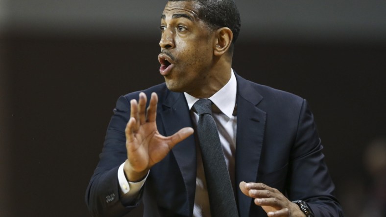 Mar 4, 2018; Houston, TX, USA; Connecticut Huskies head coach Kevin Ollie reacts after a play during the first half against the Houston Cougars at Health and Physical Education Arena. Mandatory Credit: Troy Taormina-USA TODAY Sports