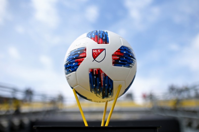 Mar 31, 2018; Columbus, OH, USA; A view of the MLS logo on the official game ball prior to the game of the Vancouver Whitecaps against the Columbus Crew SC at MAPFRE Stadium. Mandatory Credit: Aaron Doster-USA TODAY Sports