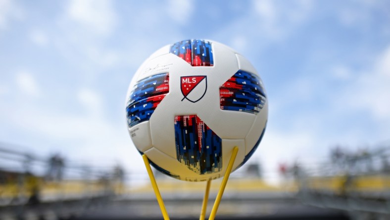 Mar 31, 2018; Columbus, OH, USA; A view of the MLS logo on the official game ball prior to the game of the Vancouver Whitecaps against the Columbus Crew SC at MAPFRE Stadium. Mandatory Credit: Aaron Doster-USA TODAY Sports