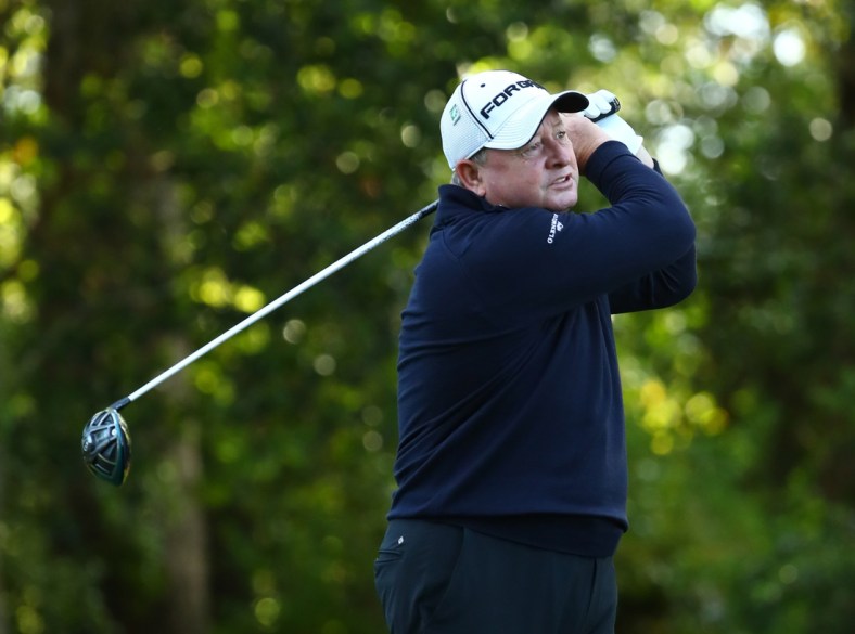 Apr 5, 2018; Augusta, GA, USA; Ian Woosnam hits his tee shot on the 2nd hole during the first round of the Masters golf tournament at Augusta National Golf Club. Mandatory Credit: Rob Schumacher-USA TODAY Sports