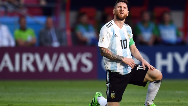 Jun 30, 2018; Kazan, Russia; Argentina forward Lionel Messi (10) reacts in the round of 16 game against France during the FIFA World Cup 2018 at Kazan Stadium. Mandatory Credit: Tim Groothuis/Witters Sport via USA TODAY Sports