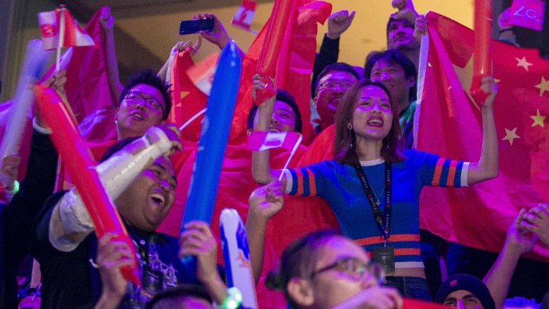 Aug 25, 2018; Vancouver, British Columbia, CAN; Fans watch as Team Evil Geniuses  plays Team LGD in the lower bracket final of the International Dota 2 Championships at Rogers Arena in Vancouver.  The championships are eSports largest annual tournament with approximately $25 million U.S. in prize money to be awarded.  Dota 2 is a free 10-player online video game with two teams of players from all over the world competing against one another in each game. Mandatory Credit: Bob Frid-USA TODAY Sports