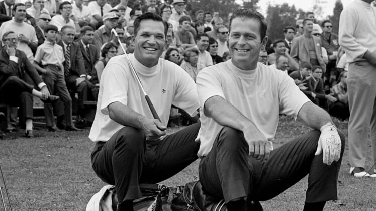 Master Champion Bob Goalby, left, and Bobby Nichols enjoy one of the many light moments, a free golf clinic, of the pre-Music City U.S.A. Pro-Celebrity Golf tournament Oct. 11, 1968 at the Harpeth Hills golf course. The clinic featured the tour pros demonstrating the proper use of every club in the bag.68 Music City Golf 17