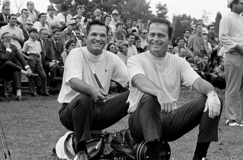 Master Champion Bob Goalby, left, and Bobby Nichols enjoy one of the many light moments, a free golf clinic, of the pre-Music City U.S.A. Pro-Celebrity Golf tournament Oct. 11, 1968 at the Harpeth Hills golf course. The clinic featured the tour pros demonstrating the proper use of every club in the bag.

68 Music City Golf 17