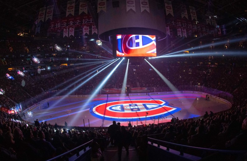 Oct 11, 2018; Montreal, Quebec, CAN; Logo of Montreal Canadiens team on ice as seen during a presentation before an opener game against Los Angeles Kings. Mandatory Credit: Jean-Yves Ahern-USA TODAY Sports