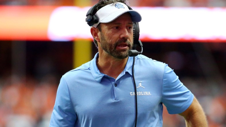 Oct 20, 2018; Syracuse, NY, USA; North Carolina Tar Heels head coach Larry Fedora reacts to a play against the Syracuse Orange during the second quarter at the Carrier Dome. Mandatory Credit: Rich Barnes-USA TODAY Sports