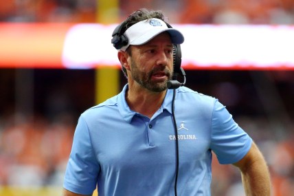 Oct 20, 2018; Syracuse, NY, USA; North Carolina Tar Heels head coach Larry Fedora reacts to a play against the Syracuse Orange during the second quarter at the Carrier Dome. Mandatory Credit: Rich Barnes-USA TODAY Sports