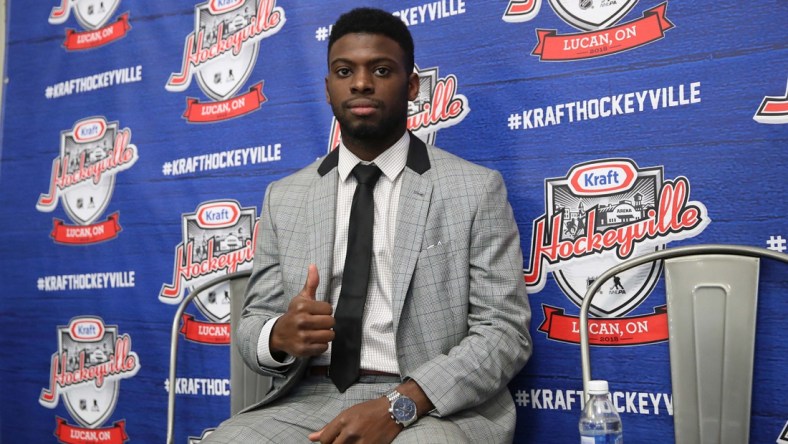 Sep 18, 2018; Lucan, Ontario, CAN; Toronto Maple Leafs defenseman Jordan Subban (46) poses for a photo during their preseason game against the Ottawa Senators at Lucan Community Memorial Centre. The Maple Leafs beat the Senators 4-1. Mandatory Credit: Tom Szczerbowski-USA TODAY Sports