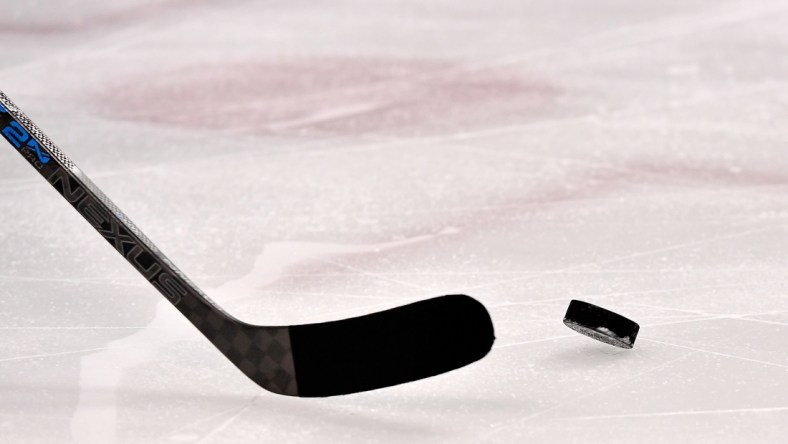 Feb 21, 2019; Sunrise, FL, USA; A general view of a puck and a stick during the the second period between the Florida Panthers and the Carolina Hurricanes at BB&T Center. Mandatory Credit: Jasen Vinlove-USA TODAY Sports