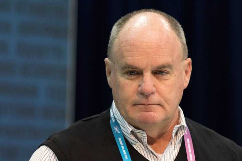 Feb 27, 2019; Indianapolis, IN, USA; Pittsburgh Steelers general manager Kevin Colbert speaks to media during the 2019 NFL Combine at Indianapolis Convention Center. Mandatory Credit: Trevor Ruszkowski-USA TODAY Sports