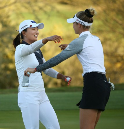 Jin Young Ko of South Korea hugs playing partner Nelly Korda (right) after finishing their final round at the Bank of Hope Founders Cup on Mar. 24, 2019 at Wildfire Golf Club at JW Marriott in Phoenix, Ariz.

Bank Of Hope Founders Cup