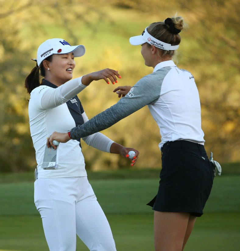 Jin Young Ko of South Korea hugs playing partner Nelly Korda (right) after finishing their final round at the Bank of Hope Founders Cup on Mar. 24, 2019 at Wildfire Golf Club at JW Marriott in Phoenix, Ariz.

Bank Of Hope Founders Cup