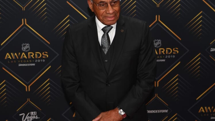 Jun 19, 2019; Las Vegas, NV, USA; Willie O'Ree is pictured on the red carpet during the 2019 NHL Awards at Mandalay Bay. Mandatory Credit: Stephen R. Sylvanie-USA TODAY Sports