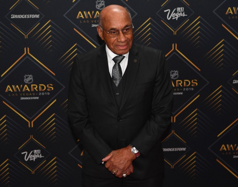Jun 19, 2019; Las Vegas, NV, USA; Willie O'Ree is pictured on the red carpet during the 2019 NHL Awards at Mandalay Bay. Mandatory Credit: Stephen R. Sylvanie-USA TODAY Sports