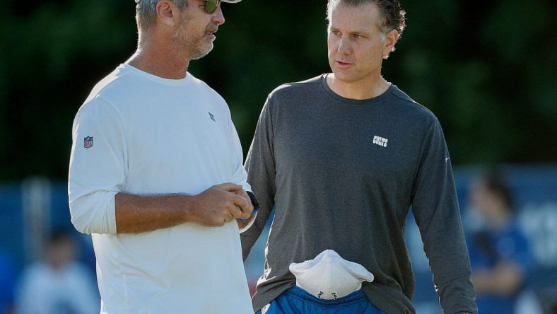 Indianapolis Colts head coach Frank Reich and defensive coordinator Matt Eberflus, right, during day 6 of the Colts preseason training camp practice at Grand Park in Westfield on Wednesday, July 31, 2019.

Colts Preseason Training Camp