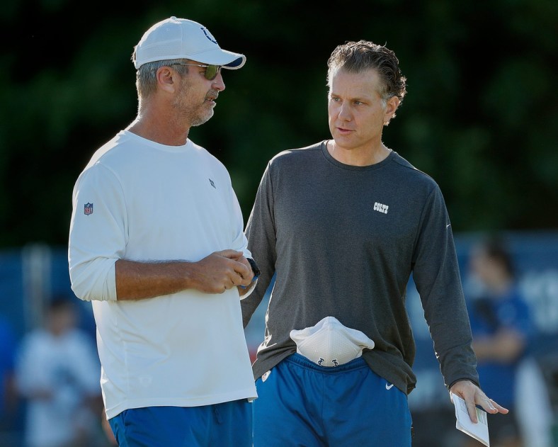 Indianapolis Colts head coach Frank Reich and defensive coordinator Matt Eberflus, right, during day 6 of the Colts preseason training camp practice at Grand Park in Westfield on Wednesday, July 31, 2019.

Colts Preseason Training Camp