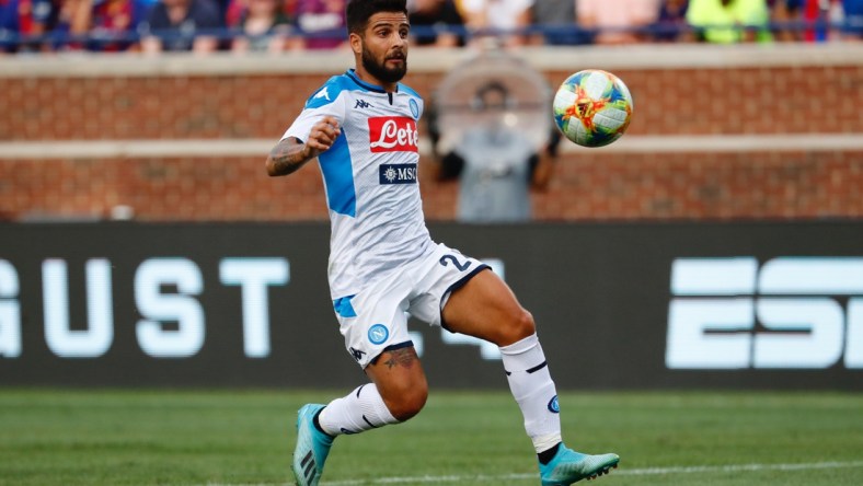 Aug 10, 2019; Ann Arbor, MI, USA; Napoli forward Lorenzo Insigne (24) dribbles against the Barcelona during a United States La Liga-Serie A Cup Tour soccer match at Michigan Stadium. Mandatory Credit: Rick Osentoski-USA TODAY Sports