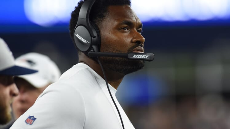 Aug 29, 2019; Foxborough, MA, USA; New England Patriots linebackers coach Jerod Mayo watches the action during the second half against the New York Giants at Gillette Stadium. Mandatory Credit: Bob DeChiara-USA TODAY Sports