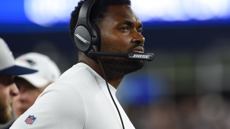 Aug 29, 2019; Foxborough, MA, USA; New England Patriots linebackers coach Jerod Mayo watches the action during the second half against the New York Giants at Gillette Stadium. Mandatory Credit: Bob DeChiara-USA TODAY Sports