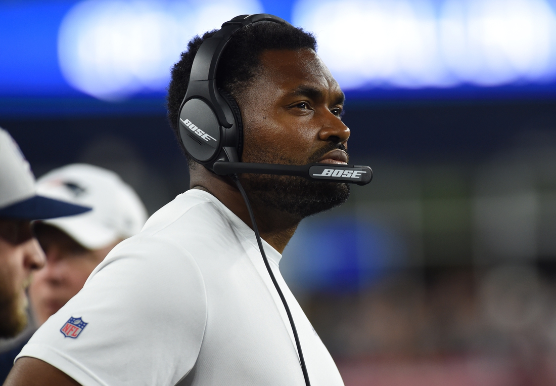 Aug 29, 2019; Foxborough, MA, USA; New England Patriots linebackers coach Jerod Mayo watches the action during the second half against the New York Giants at Gillette Stadium. Mandatory Credit: Bob DeChiara-USA TODAY Sports