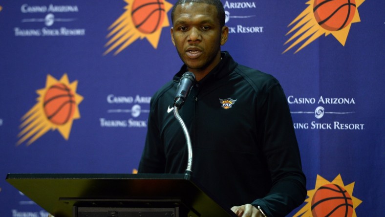 Sep 30, 2019; Phoenix, AZ, USA; Phoenix Suns general manager James Jones answers questions during Media Day at Talking Stick Resort Arena. Mandatory Credit: Joe Camporeale-USA TODAY Sports