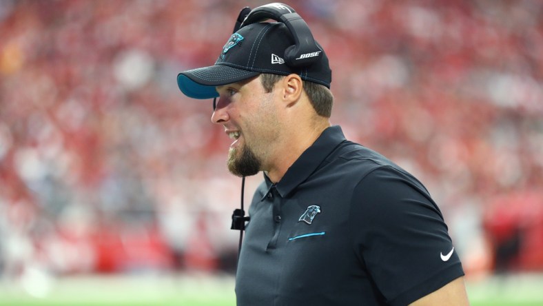 Sep 22, 2019; Glendale, AZ, USA; Carolina Panthers special teams coordinator Chase Blackburn against the Arizona Cardinals at State Farm Stadium. Mandatory Credit: Mark J. Rebilas-USA TODAY Sports