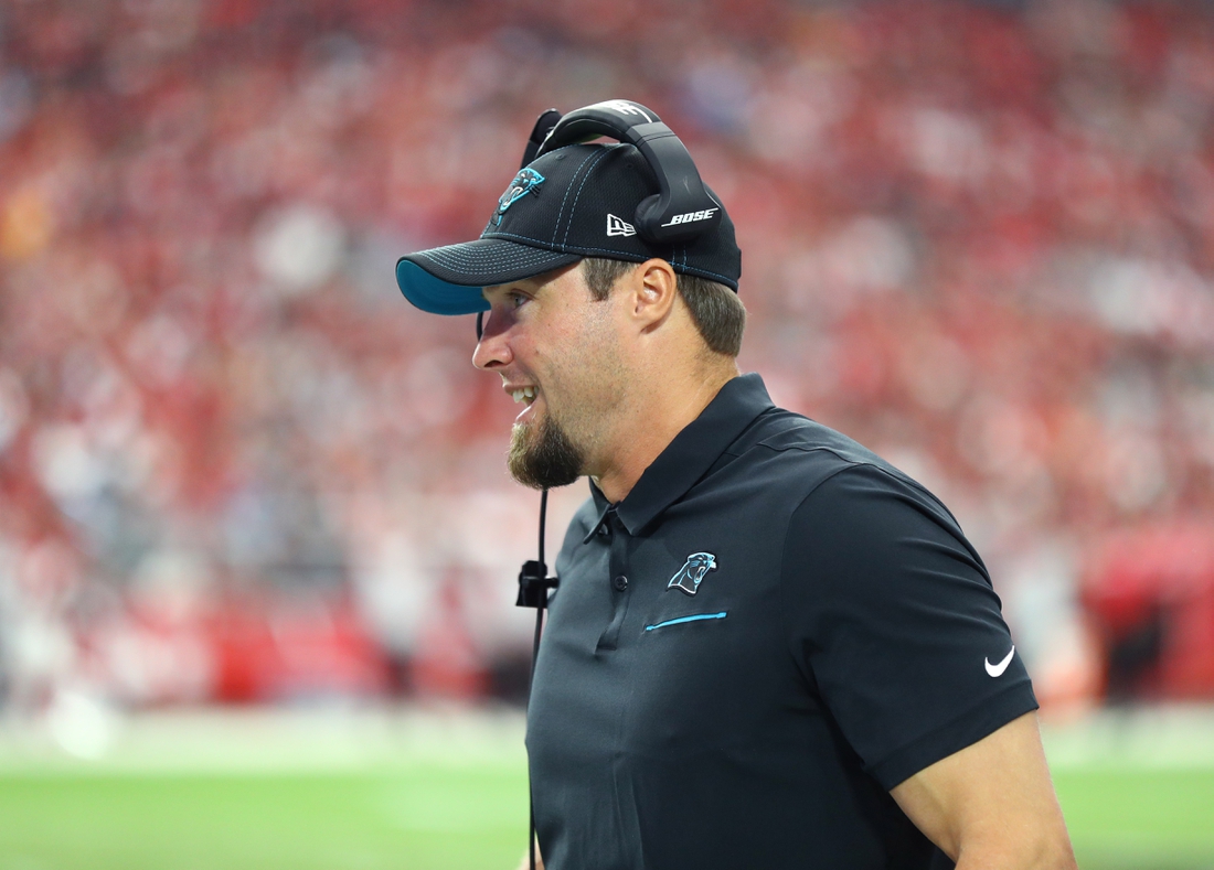 Sep 22, 2019; Glendale, AZ, USA; Carolina Panthers special teams coordinator Chase Blackburn against the Arizona Cardinals at State Farm Stadium. Mandatory Credit: Mark J. Rebilas-USA TODAY Sports