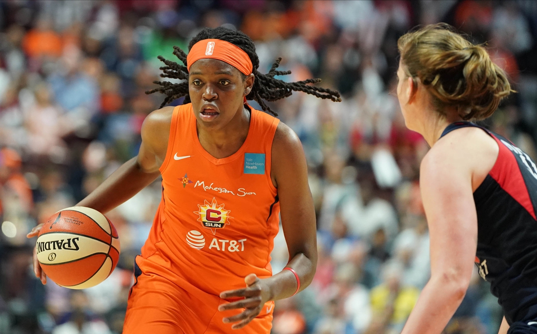 Oct 8, 2019; Uncasville, CT, USA; Connecticut Sun forward Jonquel Jones (35) drives the ball against the Washington Mystics during the second quarter in game four of the 2019 WNBA Finals at Mohegan Sun Arena. Mandatory Credit: David Butler II-USA TODAY Sports