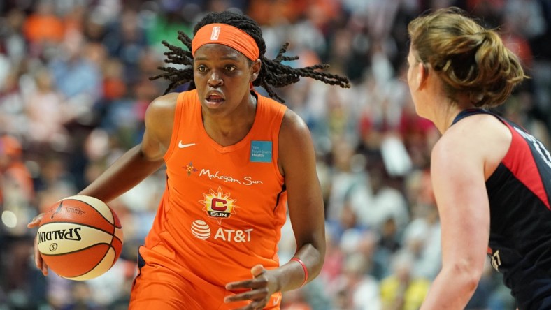 Oct 8, 2019; Uncasville, CT, USA; Connecticut Sun forward Jonquel Jones (35) drives the ball against the Washington Mystics during the second quarter in game four of the 2019 WNBA Finals at Mohegan Sun Arena. Mandatory Credit: David Butler II-USA TODAY Sports