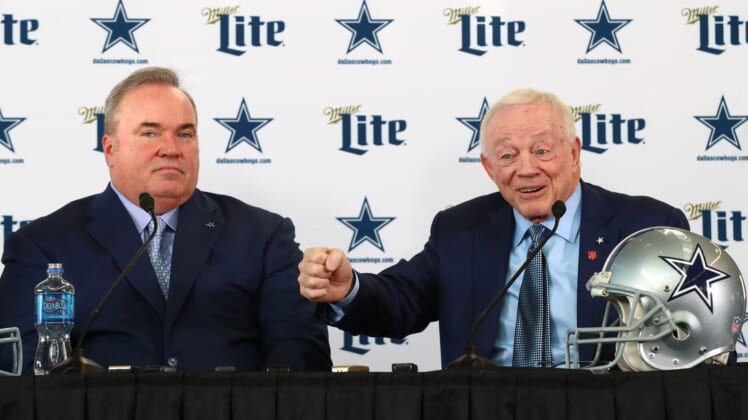Jan 8, 2020; Frisco, Texas, USA; Dallas Cowboys owner Jerry Jones answers questions with new head coach Mike McCarthy during a press conference at Ford Center at the Star. Mandatory Credit: Matthew Emmons-USA TODAY Sports
